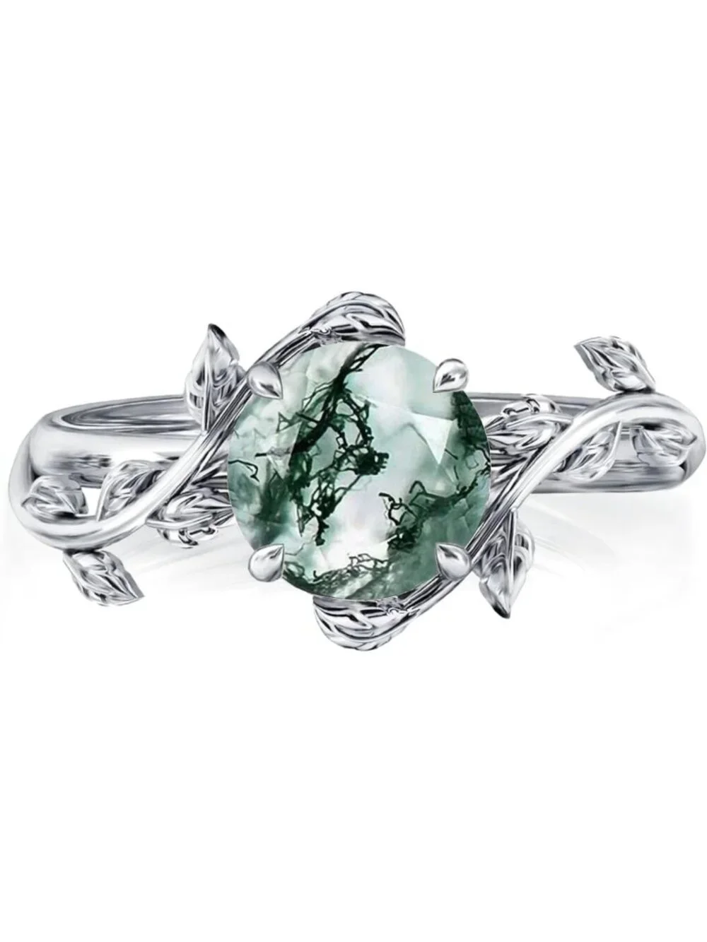 Natural Moss Agate Engagement Ring in 925 Sterling Silver - Unique Women's